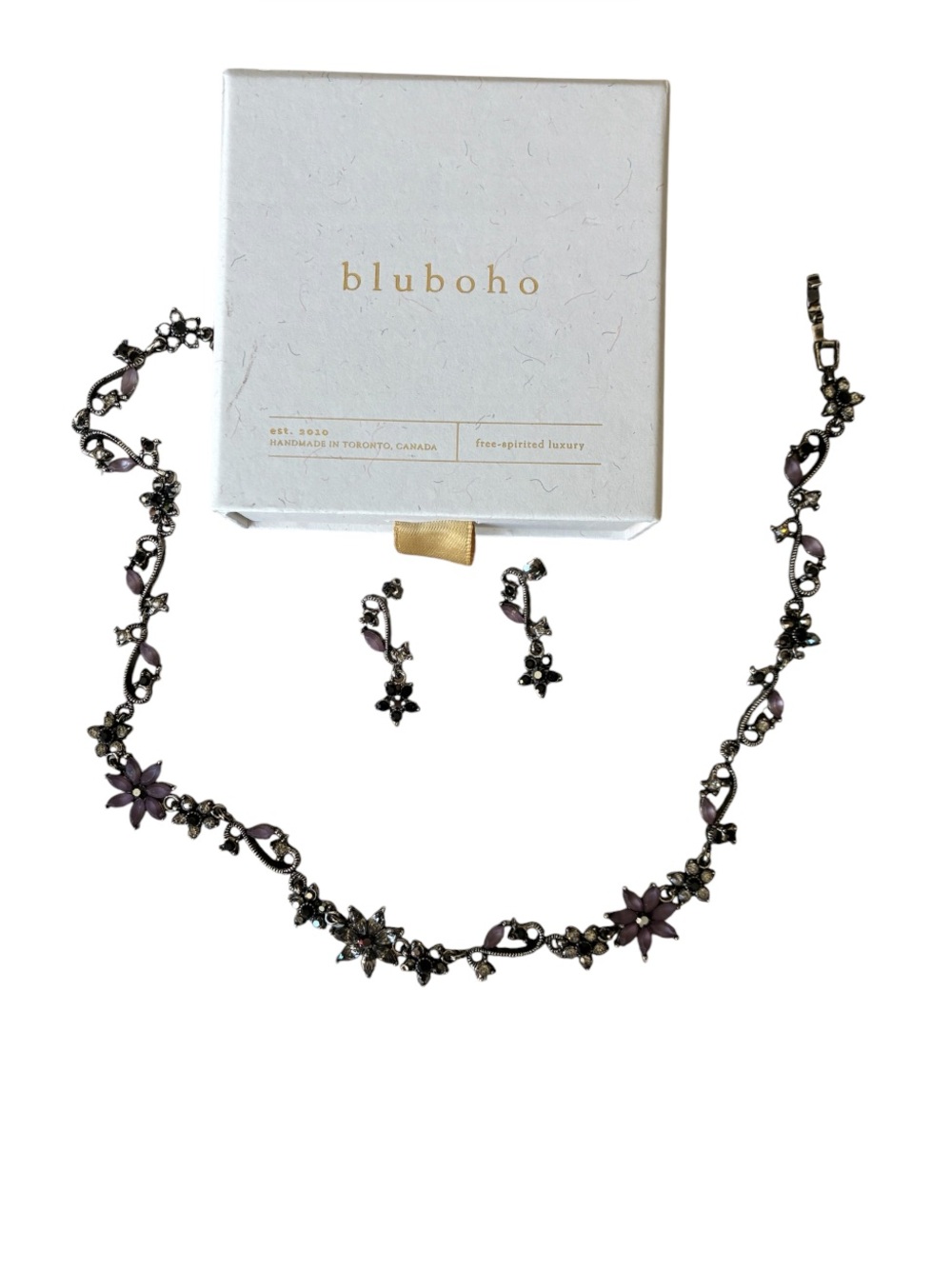 Bluboho Purple Floral Necklace & Earrings Jewelry Set Made in Canada